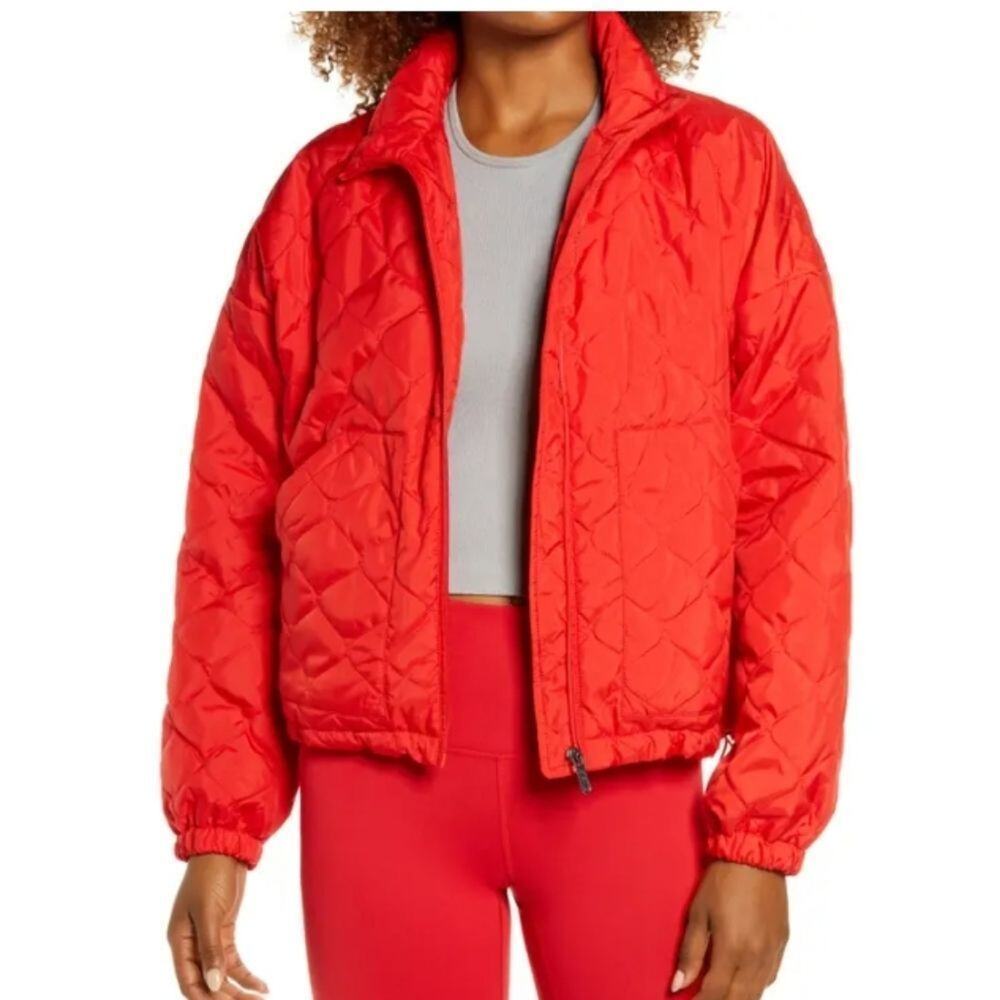 NWT Zella Women's Red Quilted Bomber Jacket Size XS Full Zip Lightweight Puffer
